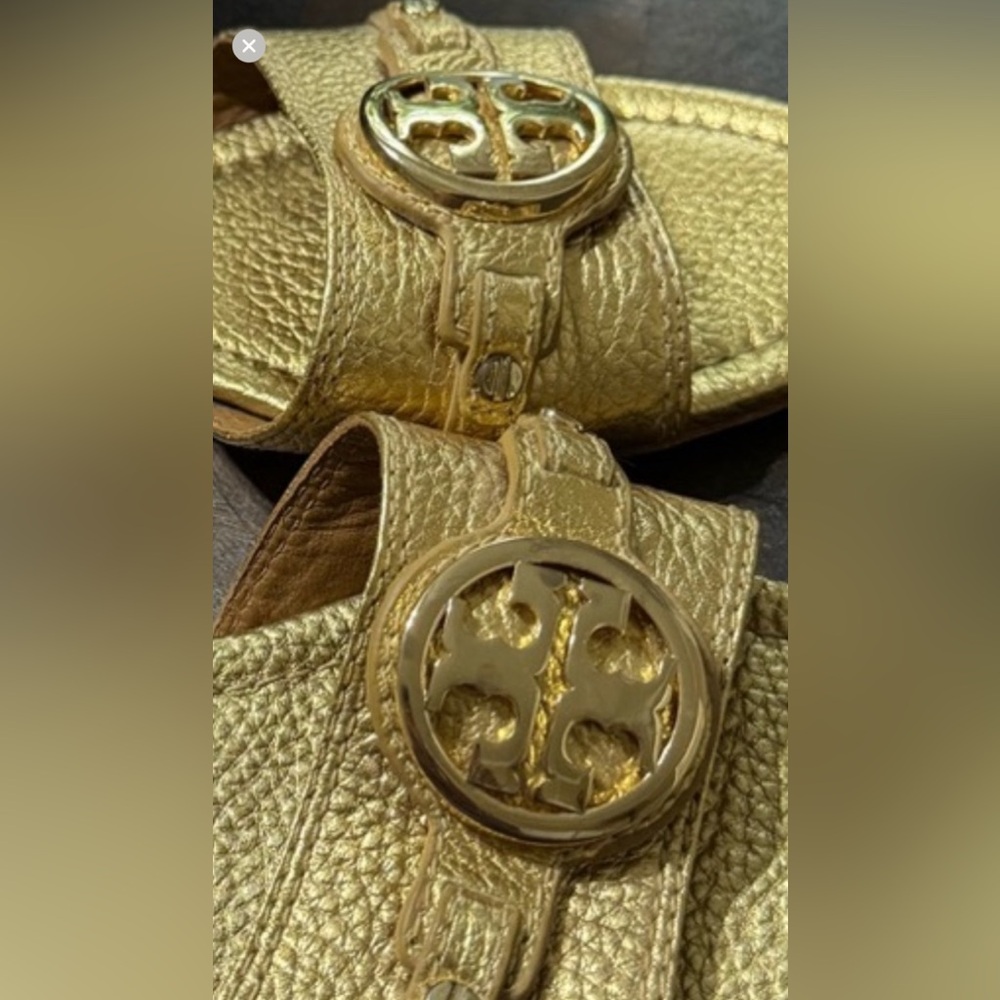 EUC LEATHER TORY BURCH GOLD Leticia Flat Slides - Picture 2 of 8